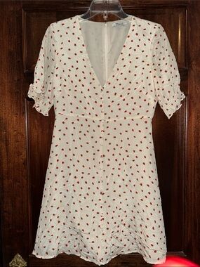 Madewell White Strawberry V-Neck Short Sleeve Silk Dress 4